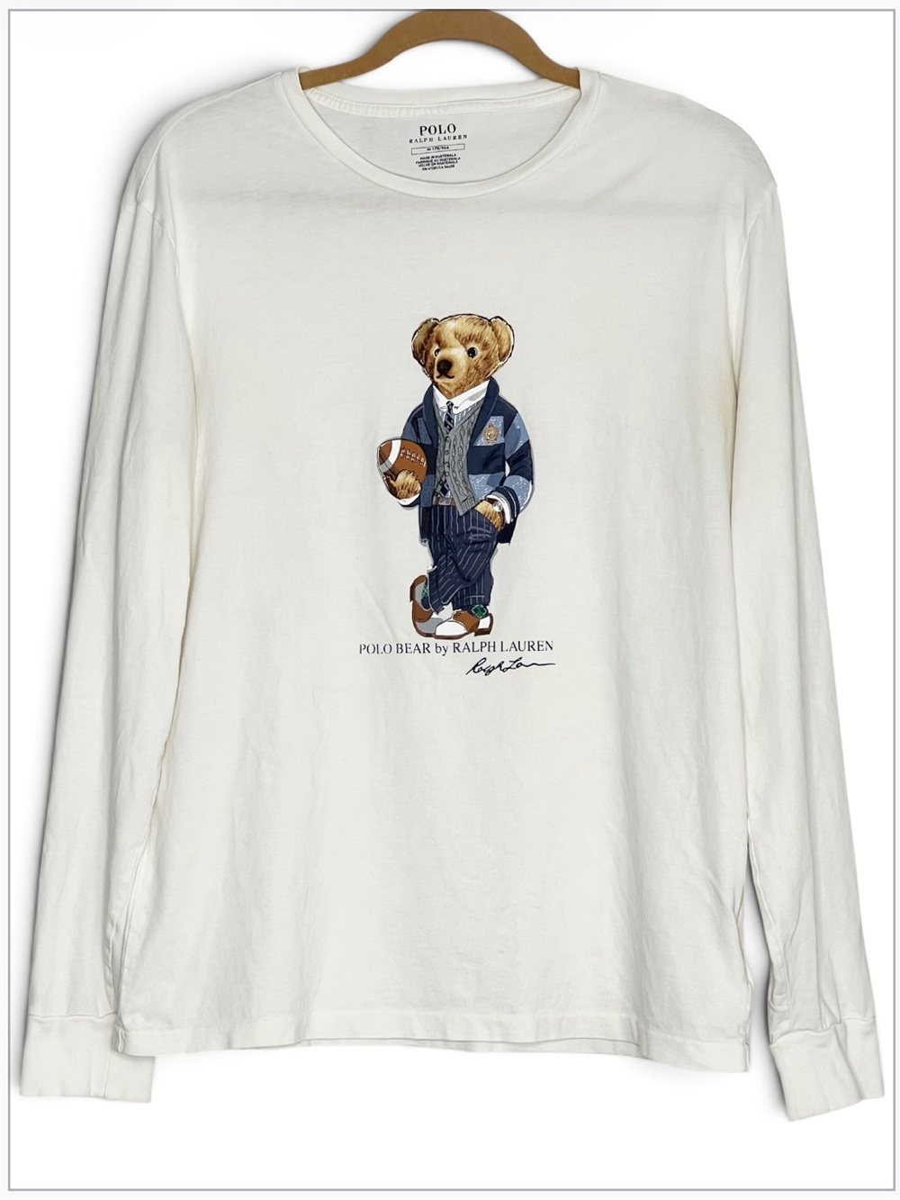 Polo Ralph Lauren White Cotton T-Shirt Preppy Football Polo Bear Graphic Size M